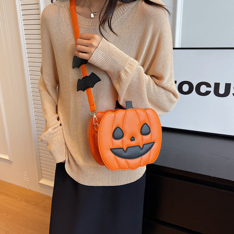 Funny Halloween Pumpkin Crossbody Bag with Bat – Personalized PU Shoulder Bag