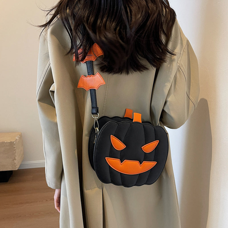 Funny Halloween Pumpkin Crossbody Bag with Bat – Personalized PU Shoulder Bag